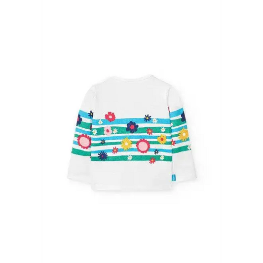 Maglietta bambina Boboli 12 mesi 8 anni bianca con righe verdi e stampe floreali colorate