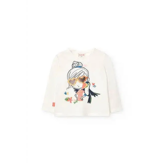 Maglietta bambina Boboli bianca a maniche lunghe con stampa colorata di bambina e uccello