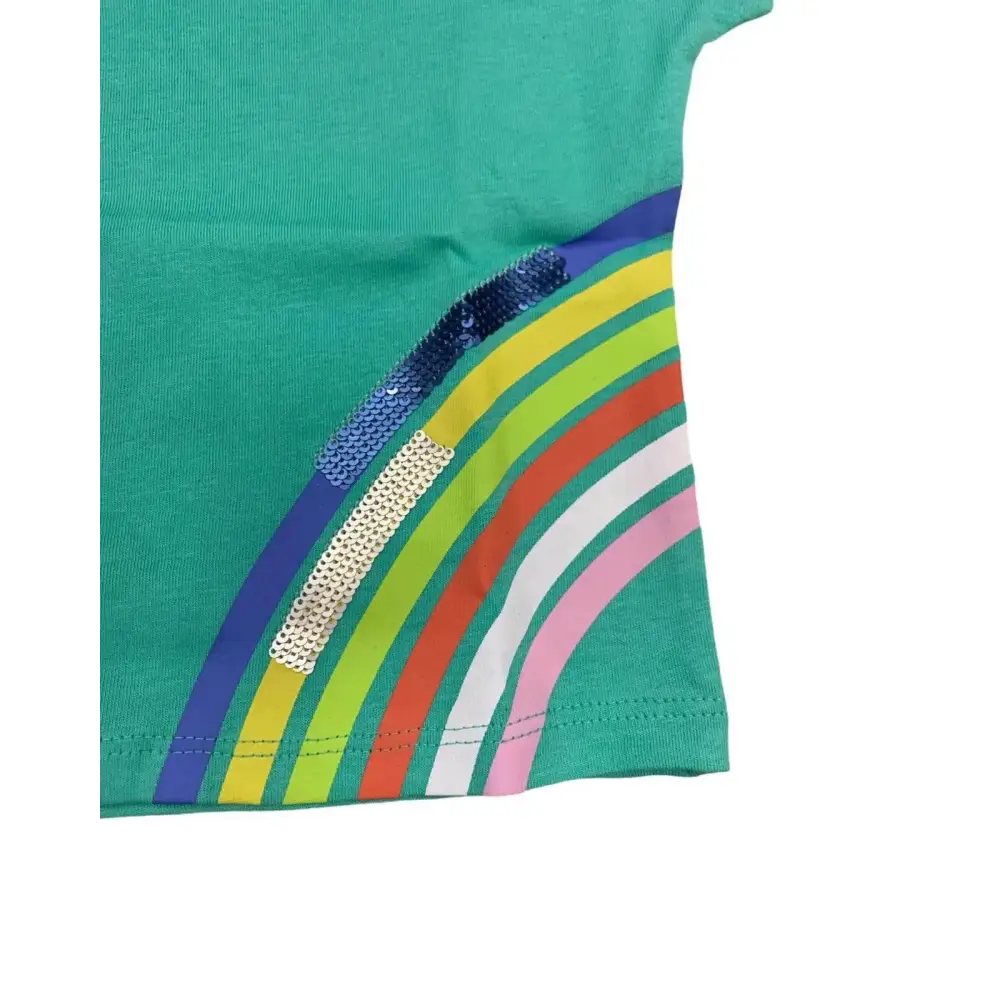 Maglietta bambina manica corta Boboli verde con decorazione arcobaleno di paillettes colorate