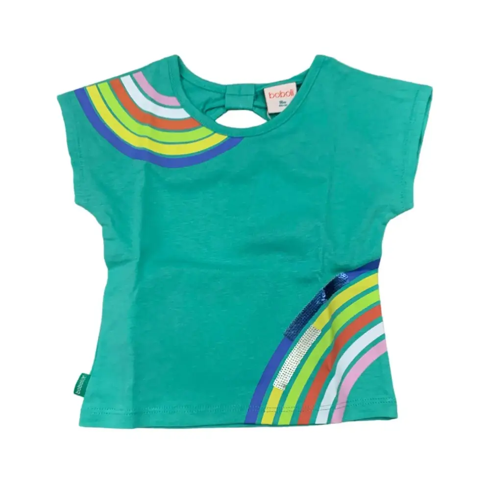 Maglietta bambina manica corta Boboli verde con stampa arcobaleno colorata su spalla e lato