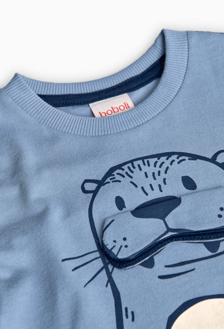 Maglietta bambino foca manica corta Boboli in cotone azzurro con stampa animale sul davanti