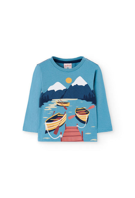 Maglietta bambino stampata in maglia verde turchese con barche e paesaggio montano Boboli