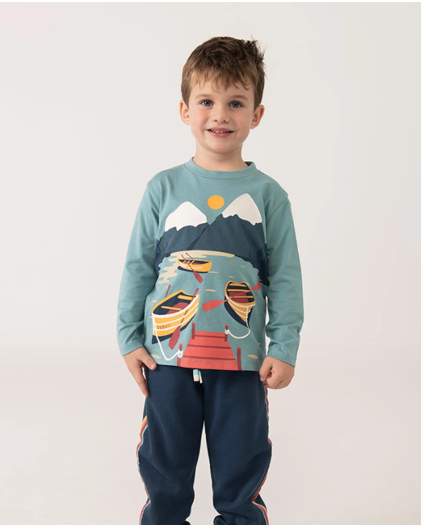 Maglietta bambino stampata in maglia verde turchese Boboli con disegno barche e montagne