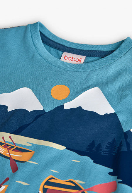 Maglietta bambino stampata in maglia verde turchese Boboli con disegno di montagne e barche