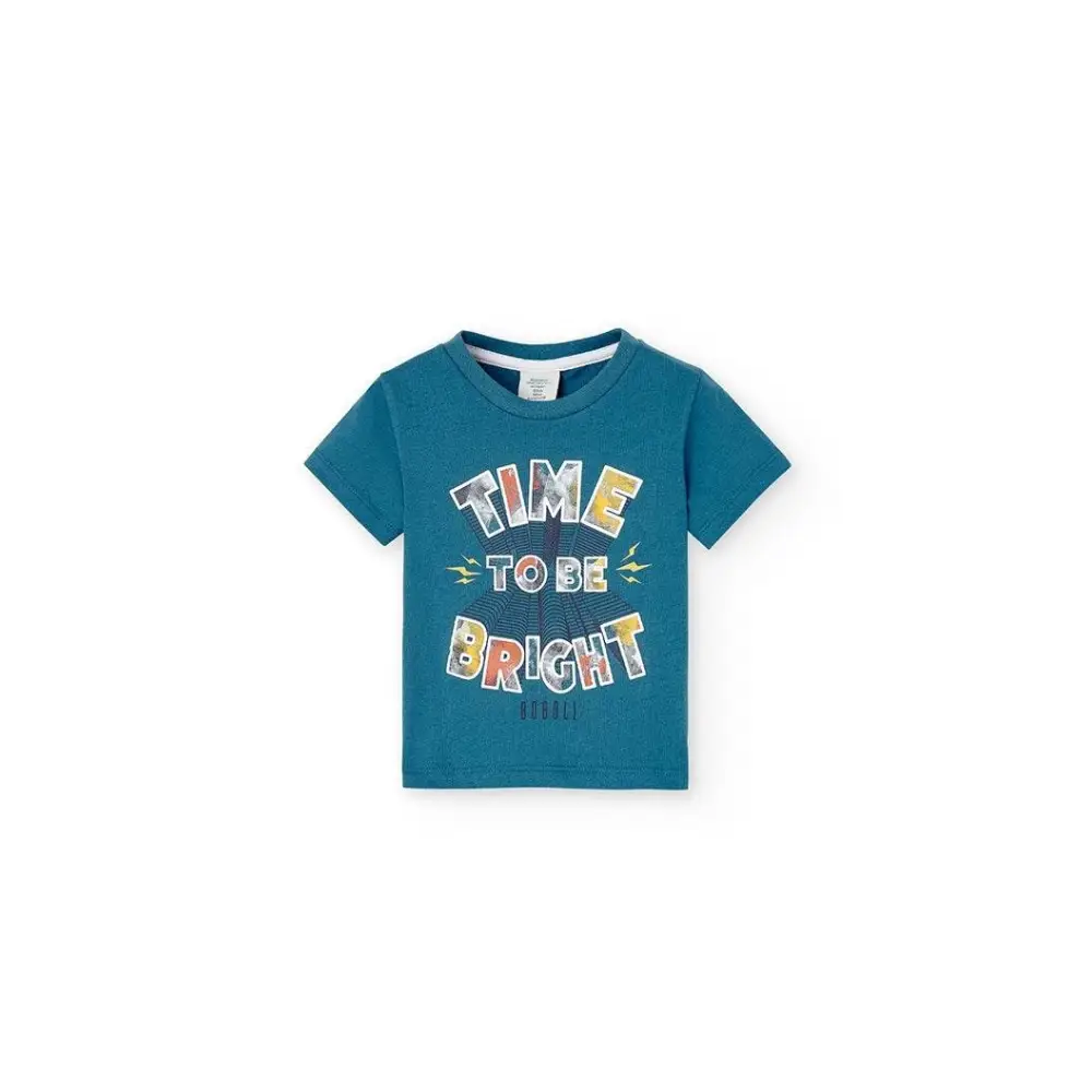 maglietta bimbo Boboli turchese a maniche corte con stampa colorata Time to Be Bright e fulmini