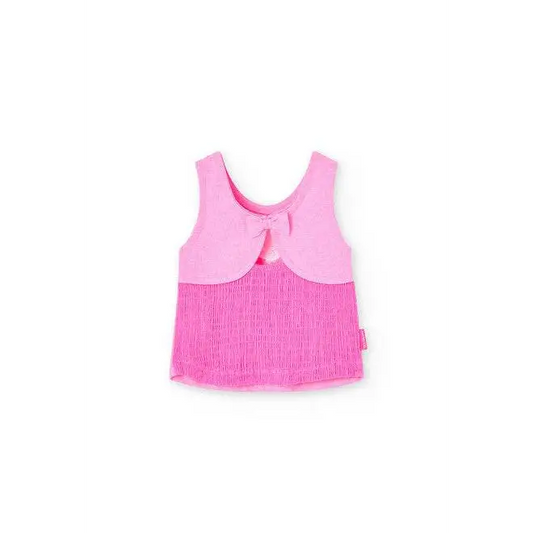 Maglietta fiori bimba Boboli rosa a due tonalita senza maniche con fiocco al collo