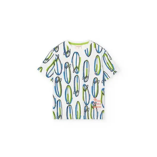 Maglietta manica corta per Bambino Boboli bianca con stampa di tavole da surf verdi e blu