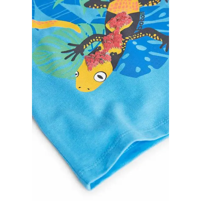 maglietta stampata bambino Boboli blu con stampa di lucertola gialla e dettagli floreali applicati sul davanti