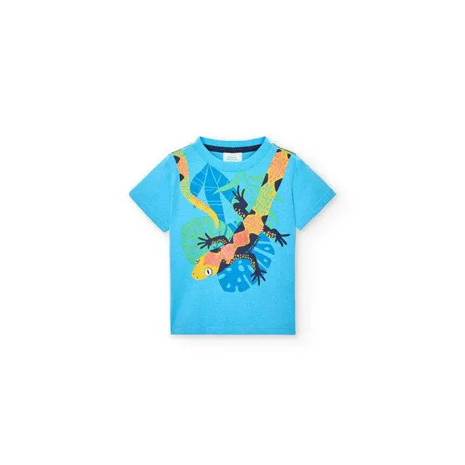 maglietta stampata bambino Boboli in cotone azzurro con stampa lucertola colorata e foglie tropicali per gioco