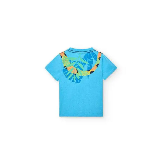 maglietta stampata bambino Boboli vista posteriore azzurra con stampa tropicale colorata sulla spalla ideale per estate
