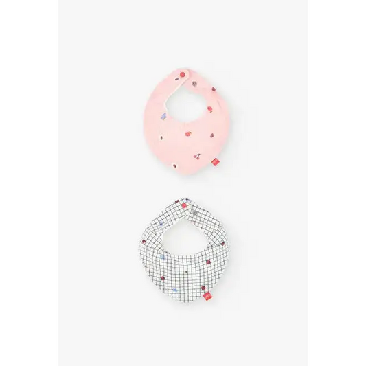 Pack 2 bavagli per neonati Boboli rosa con stampa floreale e bianco a quadretti con dettaglio rosso