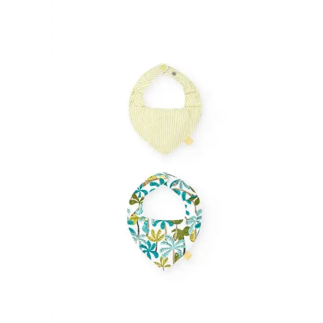Pack 2 bavagli per neonati Boboli, uno giallo a righe e uno bianco con stampa foglie colorate