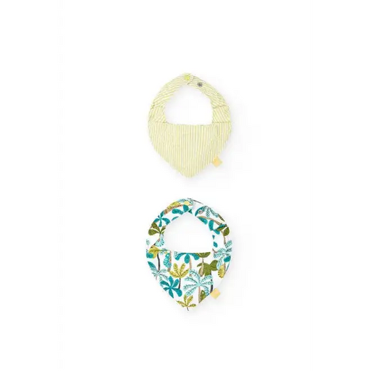 Pack 2 bavagli per neonati Boboli, uno giallo a righe e uno bianco con stampa foglie colorate