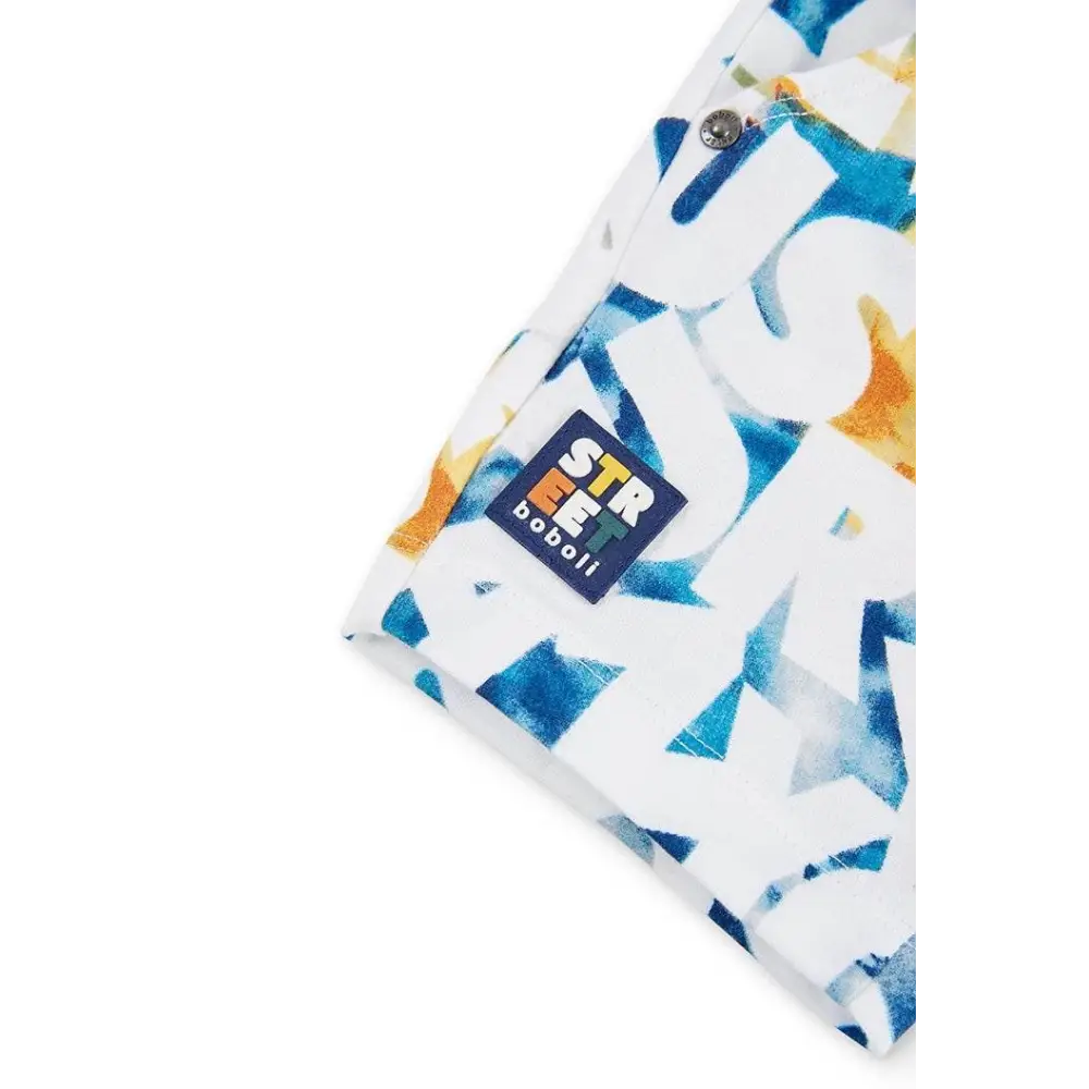 pantaloncini bimbo Boboli in cotone bianco con stampa graffiti blu e arancione e etichetta logo
