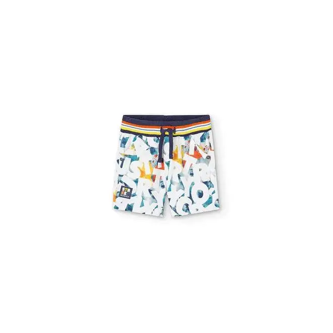 pantaloncini bimbo Boboli bianchi con stampa lettere colorate vita elasticizzata a righe e coulisse