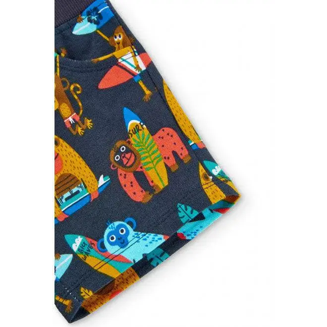 pantaloni bambino Boboli in cotone blu scuro con stampa scimmie surf colorate per gioco estivo