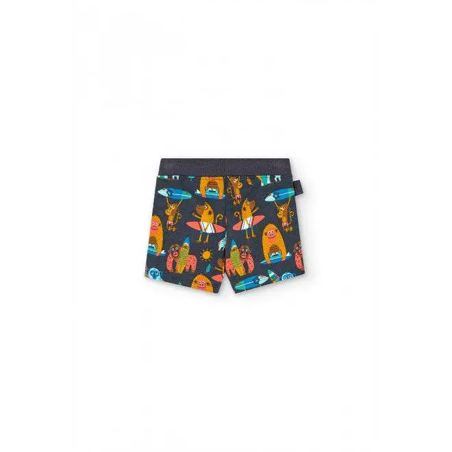 pantaloni bambino Boboli corti blu scuro con stampa surf colorata e banda elastica in vita