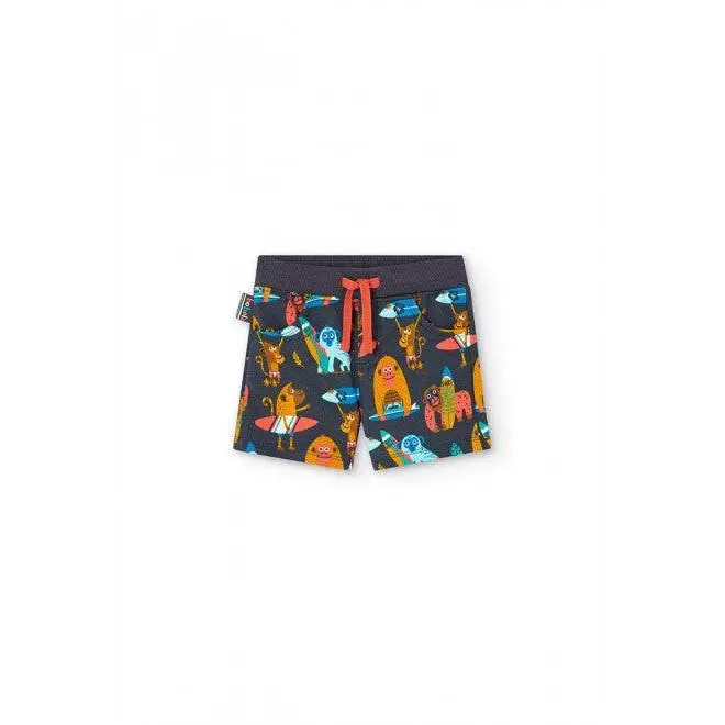 pantaloni bambino Boboli shorts estivi blu scuro con fantasia di mostri colorati e coulisse rossa