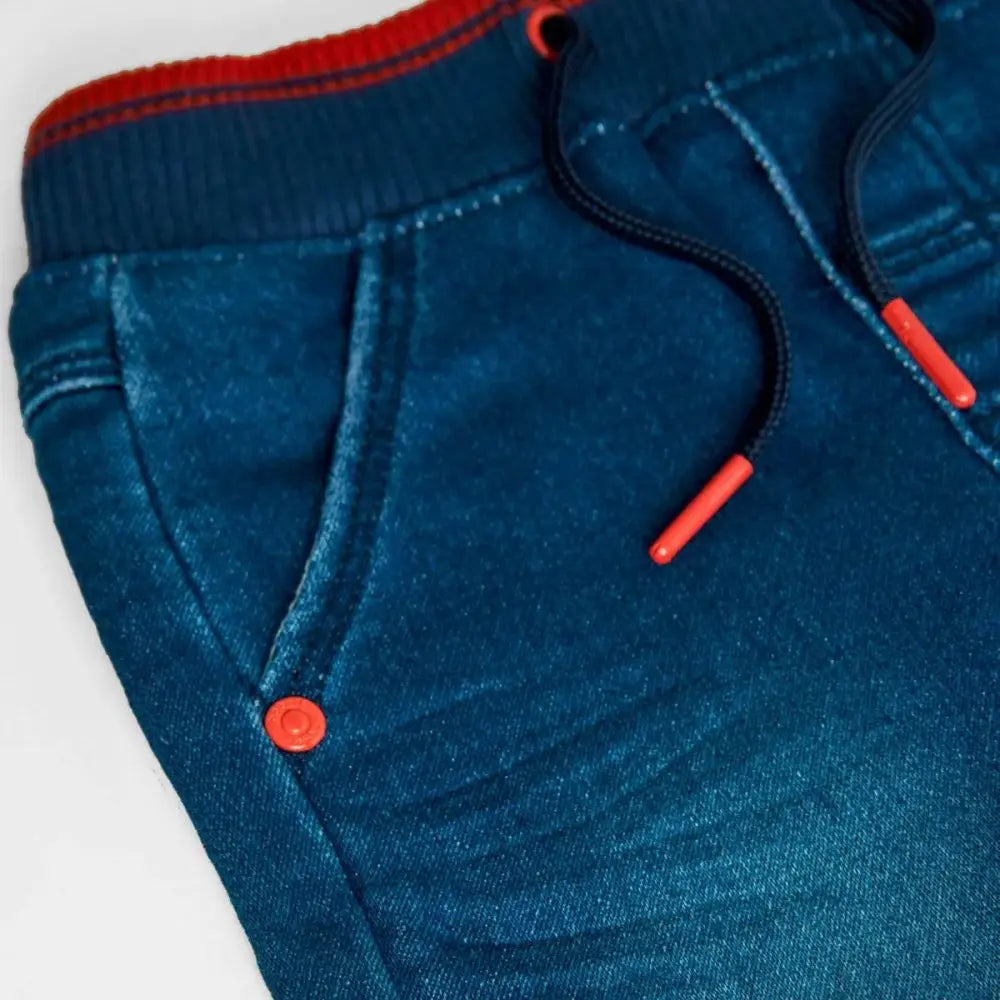 Pantaloni denim bambino Boboli blu scuro con vita elasticizzata a coste coulisse rossa e tasche