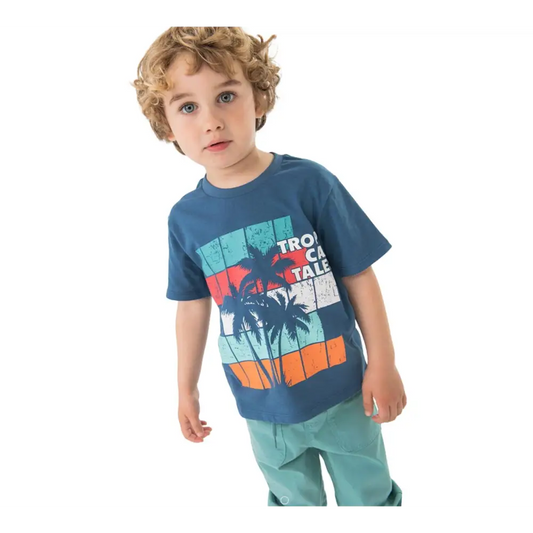 T-shirt stampa tropical bambino di Boboli con grafica colorata e palme su sfondo blu