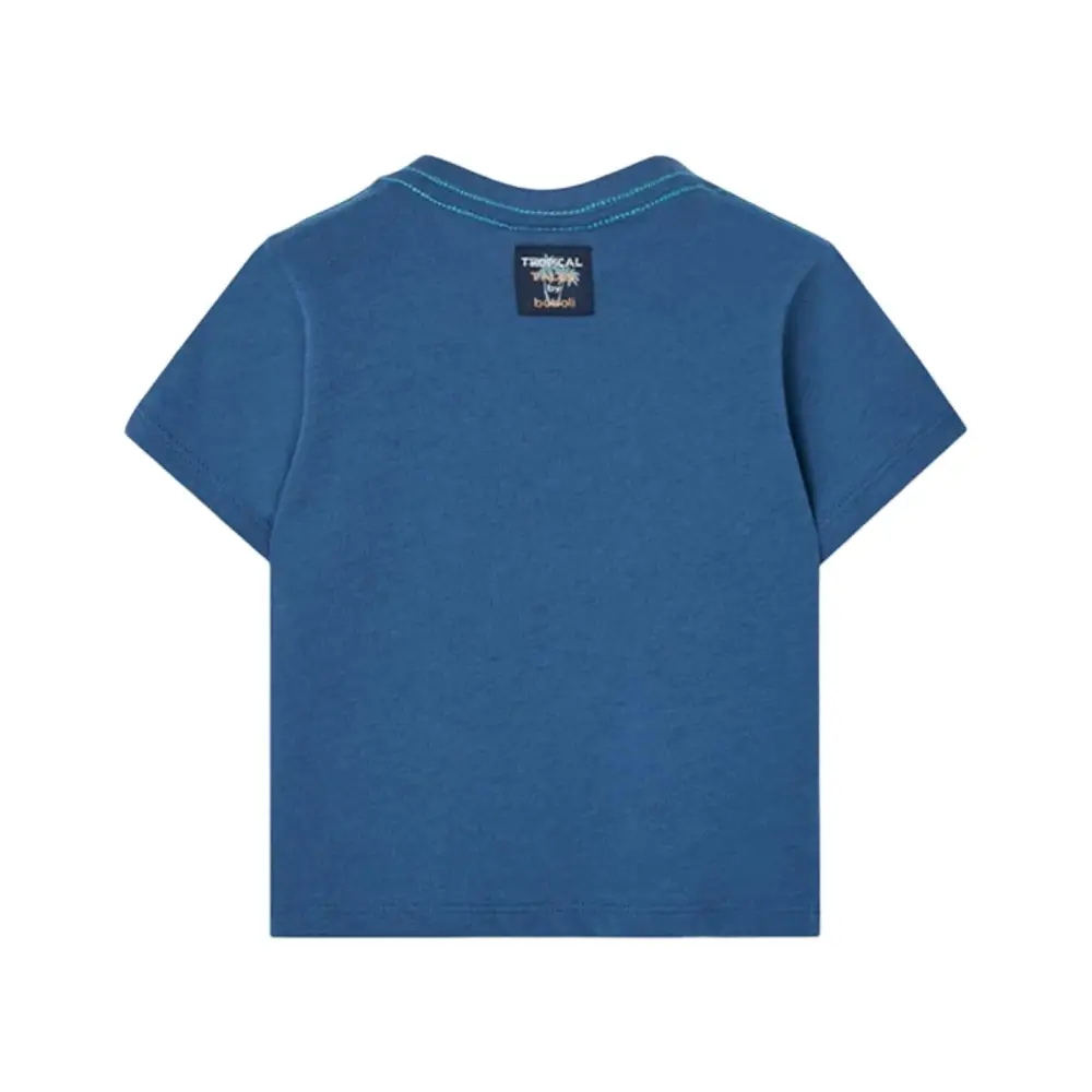 T-shirt stampa tropical bambino in blu con etichetta sul retro per bambini alla moda