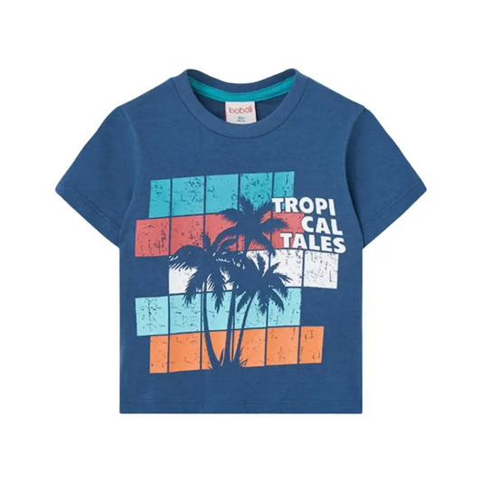 T-shirt stampa tropical bambino di Boboli con grafica di palme su sfondo blu