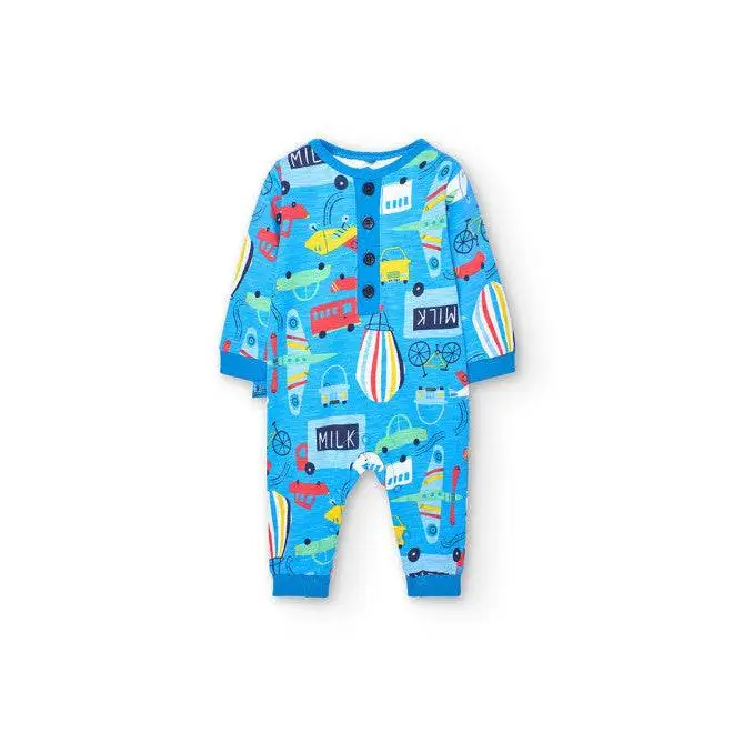 Tutina colorata bambino Boboli azzurra con stampe di veicoli e mongolfiere per neonati