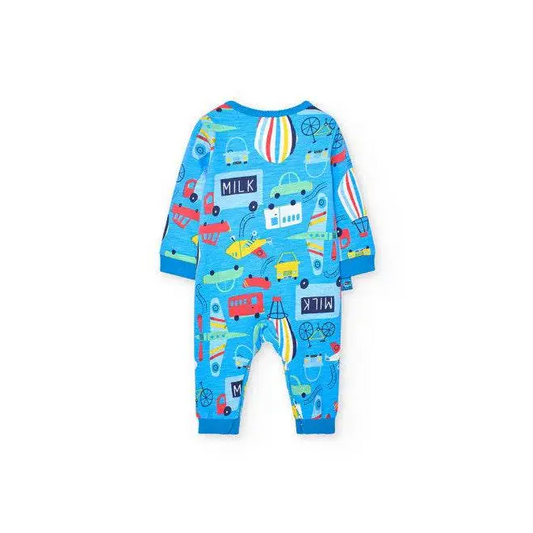 tutina colorata bambino Boboli azzurra con stampa di auto autobus e mongolfiere maniche lunghe in cotone