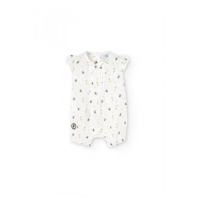 tutina corta neonato Boboli bianca con stampa di piccoli animali e fiori zip frontale e maniche corte