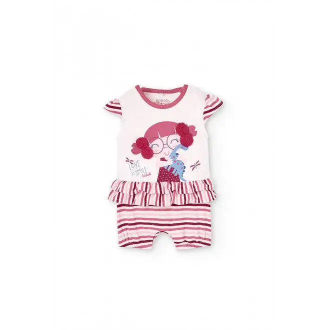tutina corta neonato rosa Boboli con stampa bimba occhiali volant a righe rosa e bianco in cotone morbido