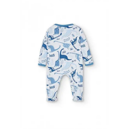 tutina neonato celeste Boboli con stampa dinosauri blu, maniche lunghe e piedini, vista posteriore su sfondo bianco
