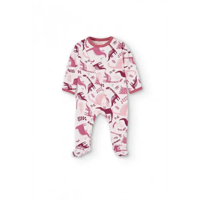 tutina rosa neonato Boboli in cotone con stampa dinosauri rosa e bordeaux maniche lunghe con piedini