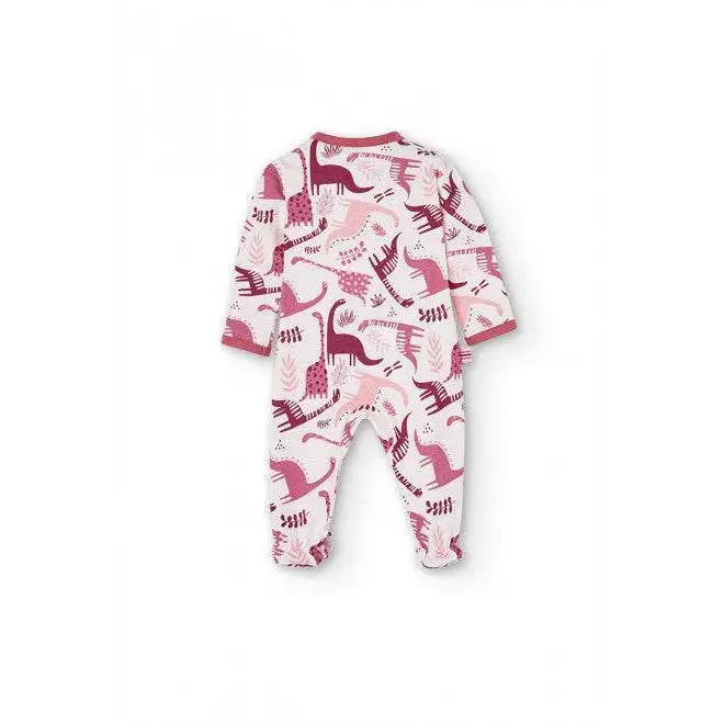 tutina rosa neonato Boboli a maniche lunghe con piedini e stampa dinosauri rosa e fucsia per bimba