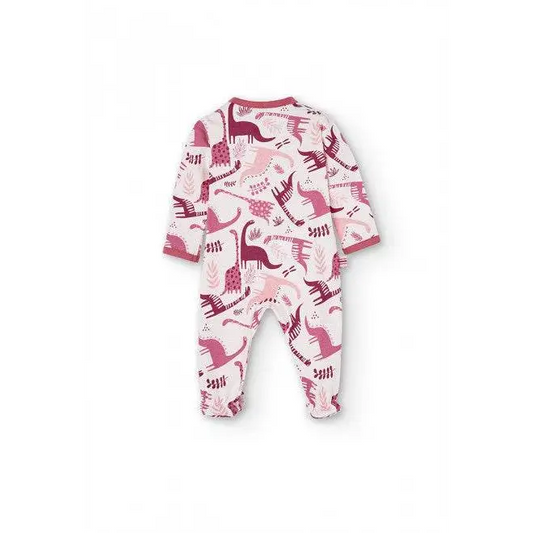tutina rosa neonato Boboli a maniche lunghe con piedini e stampa dinosauri rosa e fucsia per bimba