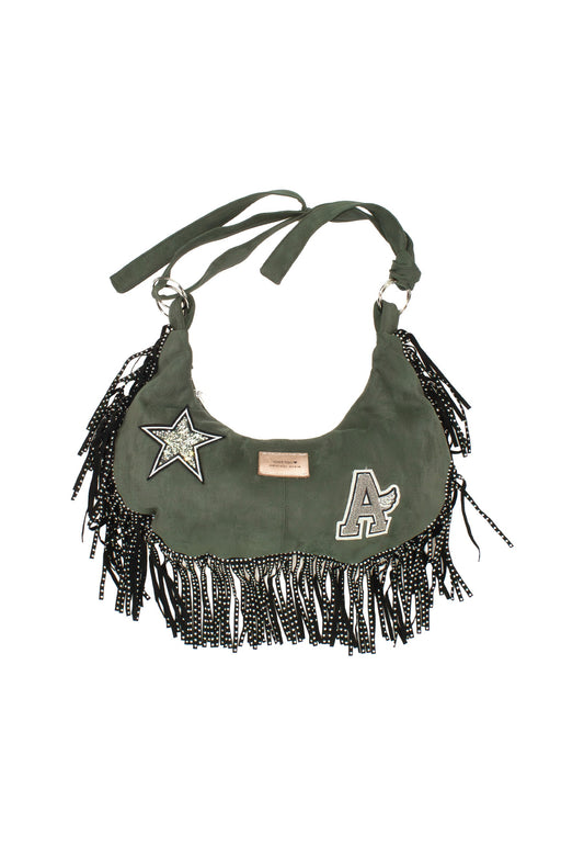 Borsa verde con frange nere ragazza con applicazioni decorative e tracolla regolabile