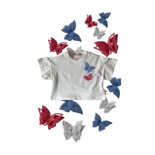 maglietta corta bambina Paris Hilton bianca in cotone con farfalle applique rosa blu e bianche maniche corte