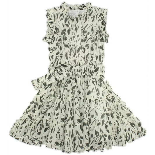 abito fantasia ragazza 8-16 anni YClu in chiffon panna con stampa foglie verde militare volant e cintura