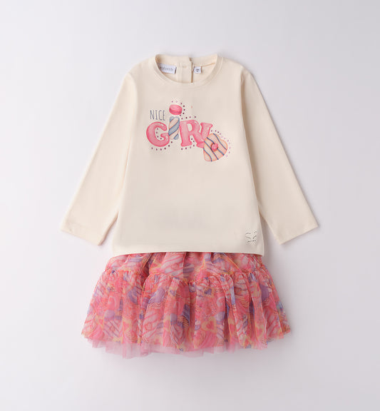 Sarabanda completo bambina rosa dolciumi maglia panna maniche lunghe con stampa caramelle e gonna tutu rosa