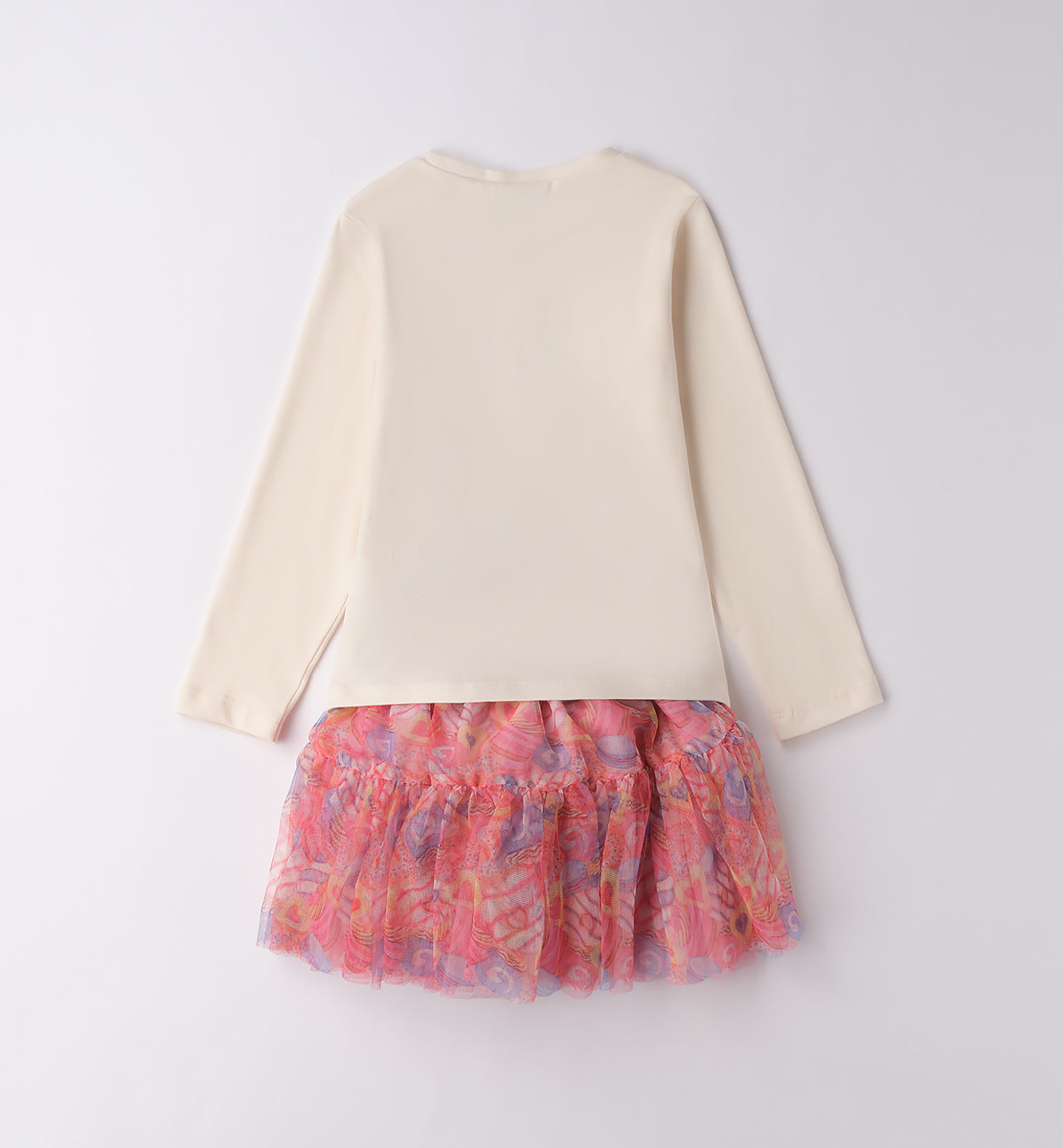 Comodo completo bambina rosa dolciumi Sarabanda vista retro con maglia crema maniche lunghe e gonna tulle rosa a strati