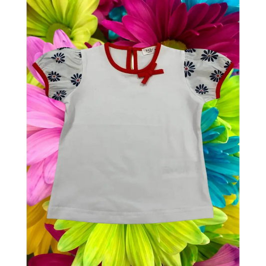 Maglietta bianca maniche corte bambina Y-Clù con orlo rosso e maniche a fantasia floreale