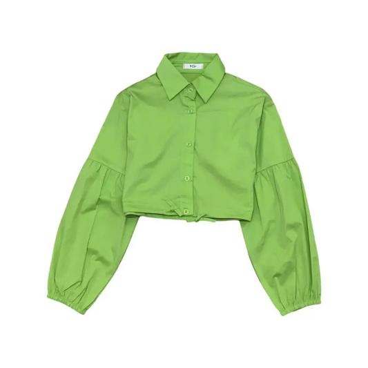 CAMICIA CORTA LIME MANICA LUNGA bambina e RAGAZZA di Y-Clu in cotone verde lime con bottoni e maniche a sbuffo