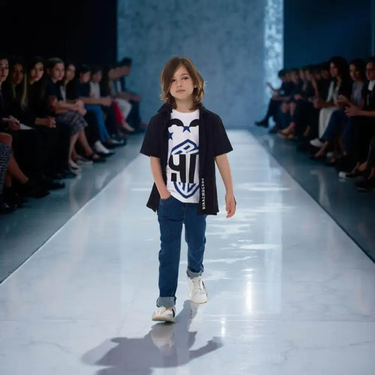 Bambino in passerella che indossa camicia nera manica corta Bikkembergs con t-shirt bianca e jeans