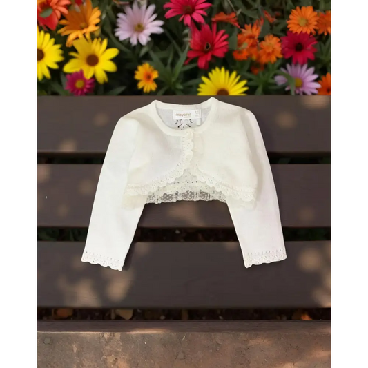 Cardigan cerimonia bambino bianco con dettagli in pizzo elegante per occasioni speciali Mayoral