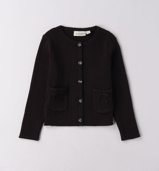 Cardigan nero bambina Sarabanda con bottoni decorativi e tasche a contrasto
