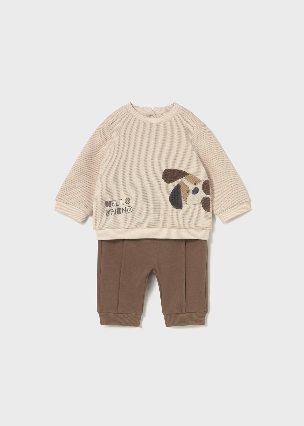 Completo 2pz Tuta con Felpa e Pantalone in beige e marrone con design di un cane per neonati