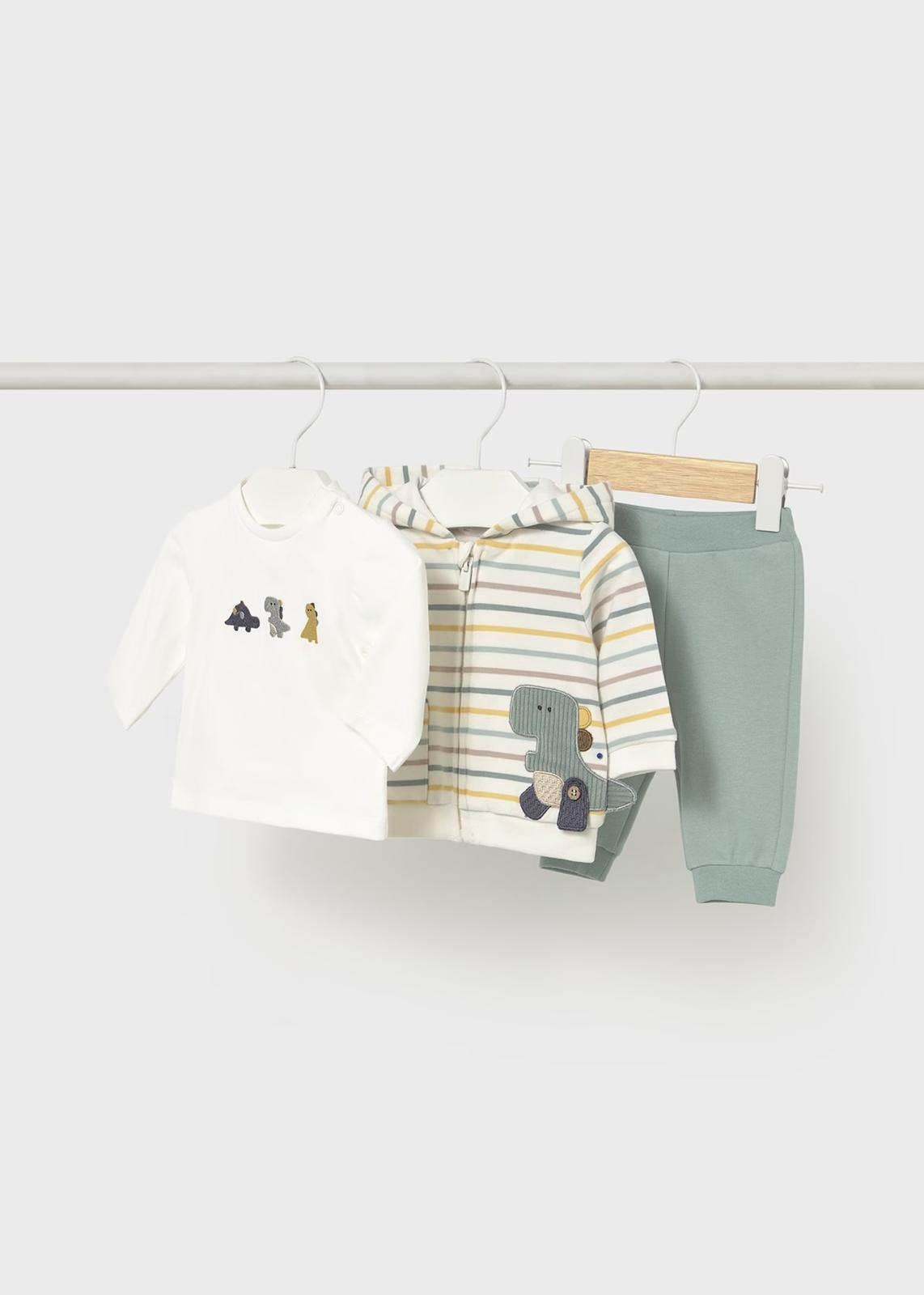 Completo 3pz Tuta con maglietta neonato in tonalità chiare con stampa animale e cappuccio