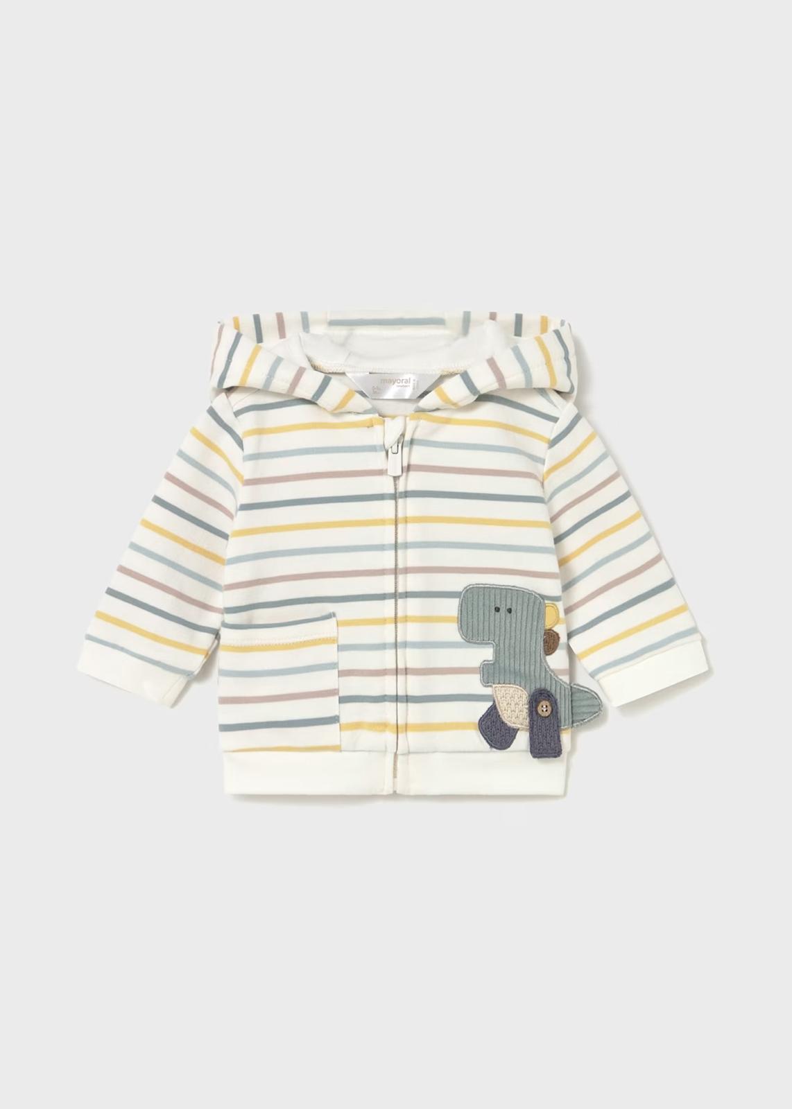 Completo 3pz Tuta con maglietta neonato con cappuccio a righe e applicazione di un dinosauro