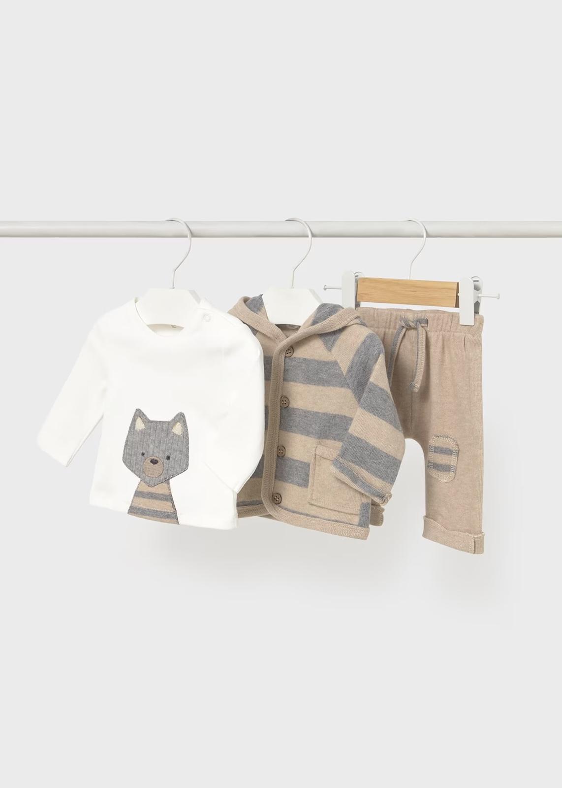 Completo 3pz Tuta con maglietta neonato con motivo di lupo e pantaloni a righe