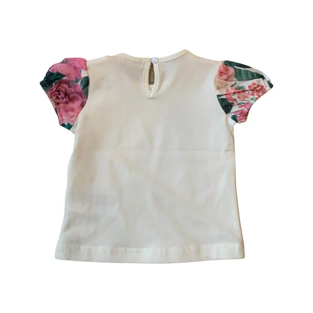 Completo bambina estivo 6 mesi Y-Clù maglietta bianca con maniche a fiori rosa e verdi