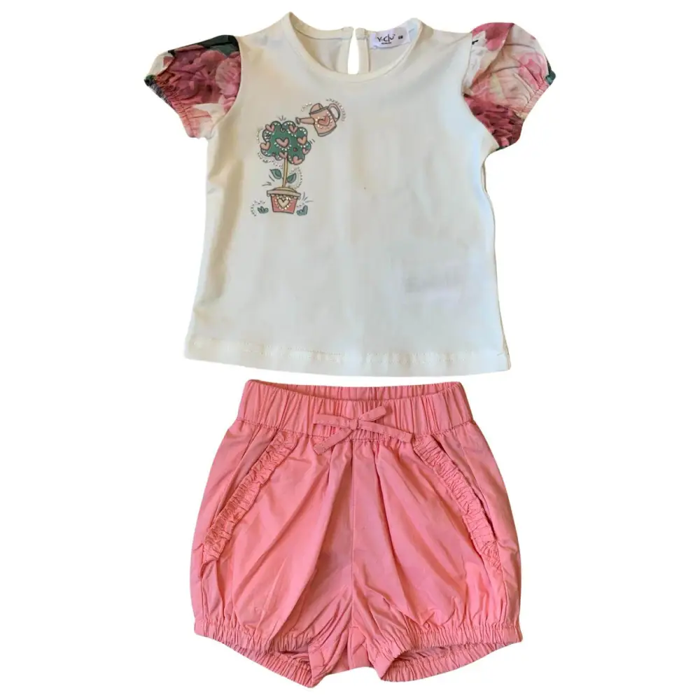 Completo bambina estivo 6 mesi Y-Clù con maglietta bianca e pantaloncini rosa